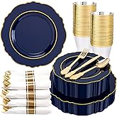 Liacere 350PCS Navy Blue Plastic Plates-Disposable Blue Gold Plates 50guest Plastic Dinnerware include 100Plates,50Pack Pre Rolled Napkins with Silverware 50Cups for Martin Luther King Jr