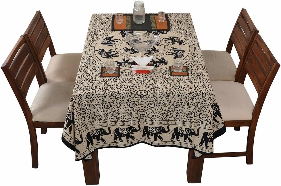Jaipur Kala Kendra Table Cover Indian Cream Color Elephants Printed Cotton Rectangular Table Sheet Dinning Table Cloth Hippie Bedding Bedspread Bohemian Home Decor Ethnic