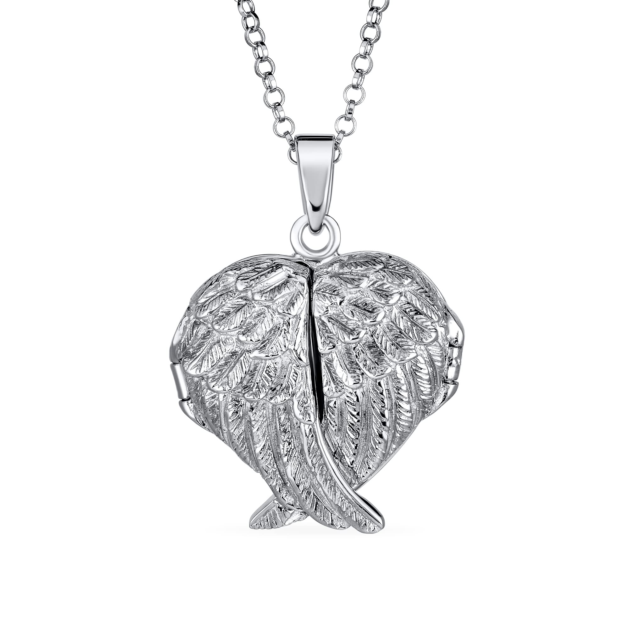 Bling Jewelry Personalize Vintage Style Dome Large Guardian Angel Wing Feathered Heart Shaped Keepsake Locket For Women Teens Holds Photos Pictures .925 Silver Necklace Pendant Customizable