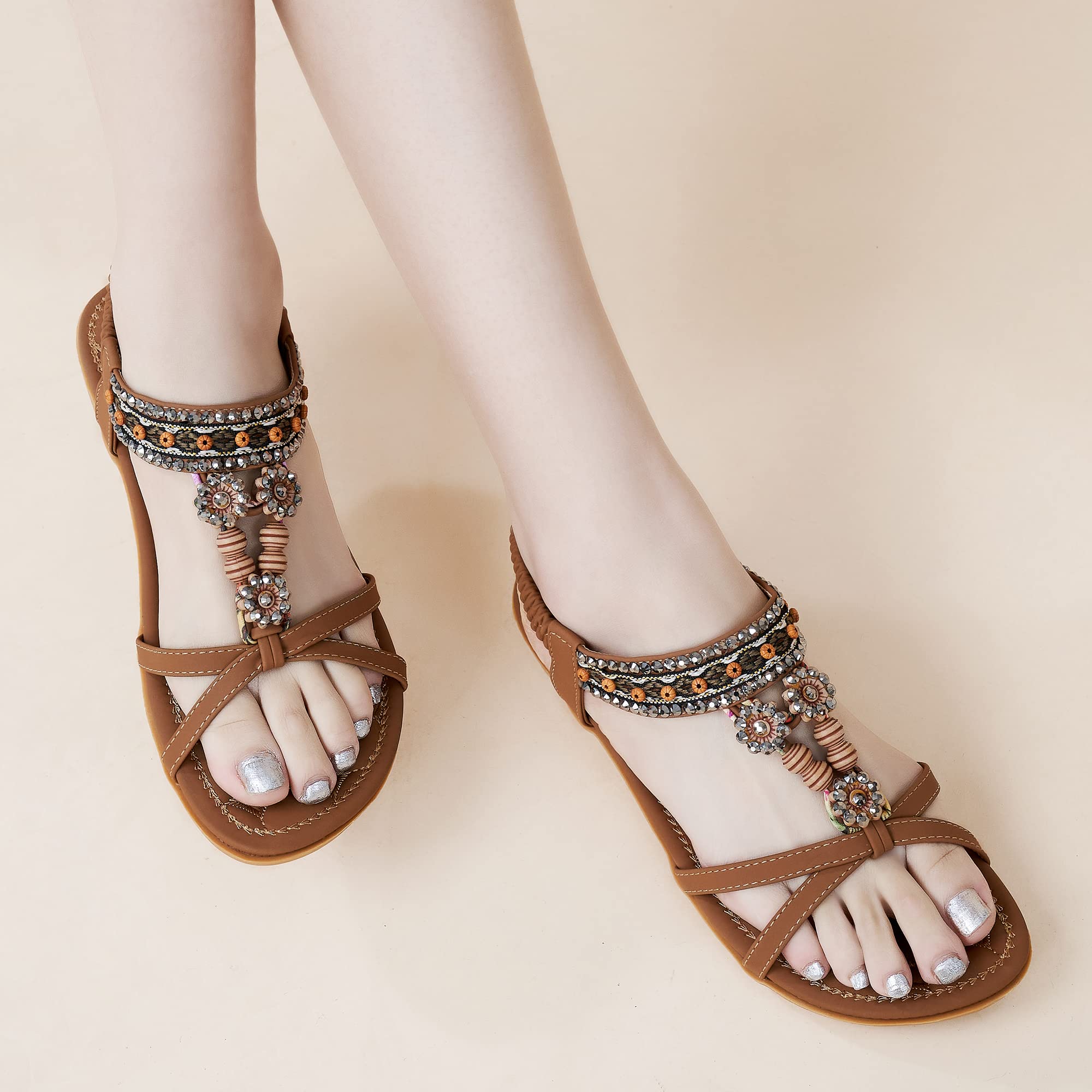 Alicegana Womens Sandals Dressy Summer: Comfortable Bohemian Flats Elastic Ankle Strap Walking Beach Shoes