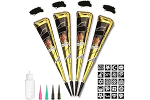 Black Tattoo Cones, Yomagine 4Pcs Black Temporary Tattoo Kit, 100% Natural Ready to Use Black Tattoo Paste, India Body DIY Art Painting for Women Men Kids with 20 Adhesive Stencils, 1 Bottle, 4Nozzles