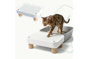 POMESEA Cat Litter Box Step, Anti-Tracking Litter Catcher Ramp for Self-Cleaning Litter Boxes, with Wooden Base, Removable Top, Easy to Clean, Ideal for Small & Elderly Cats (No Side Guards Included)