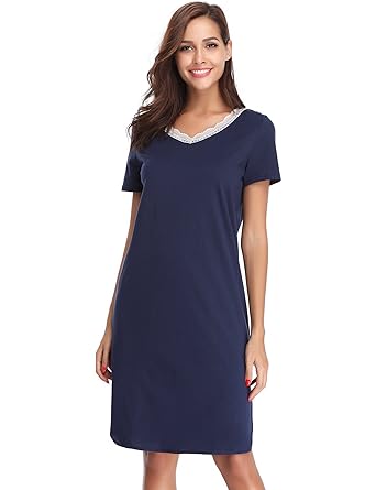 Hawiton Damen Nachthemd Kurz Baumwolle Spitze Nachtwäsche Nachtkleid Negligee Sleepshirt Kurzarm für Sommer
