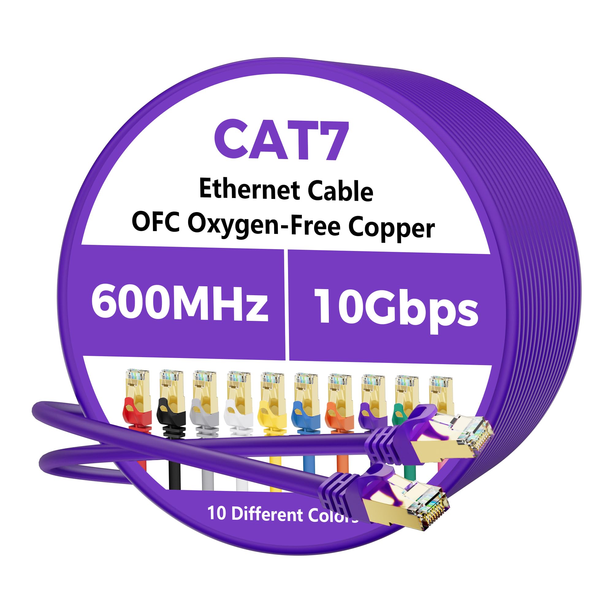 Photo 1 of Cat 7 Ethernet Cable 10 FT, 10Gbps High Speed Internet Cord, SFTP Shielded, OFC Pure Copper, CAT7 RJ45 LAN Network Cable Compatible with PC, Laptop, PS5, Xbox Modem, Router, PoE, Purple Cable