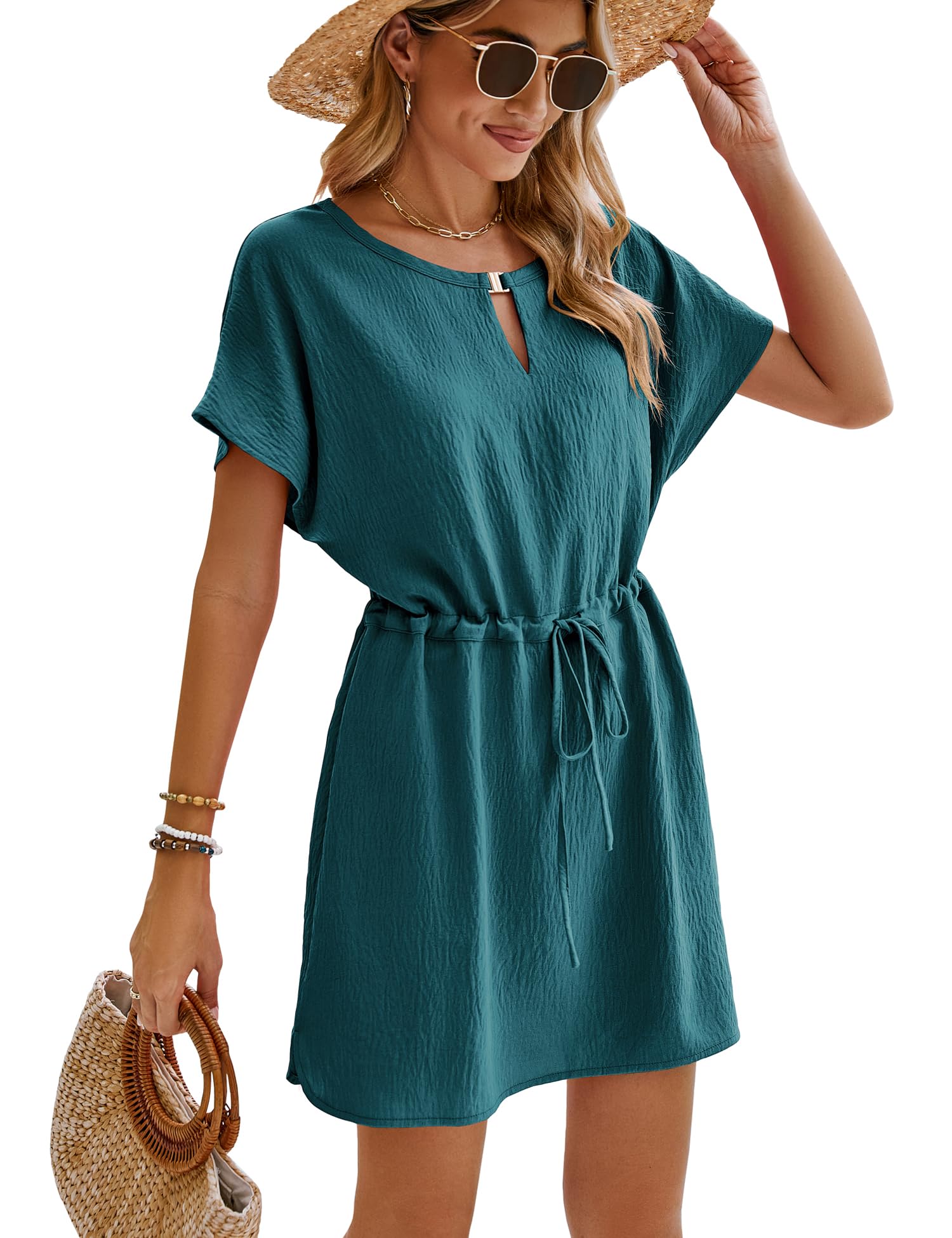 Photo 1 of (used/fair) Bluetime Women Casual Summer Swimsuit Coverup Bikini Beachwear Coverups Flowy Short Sleeve Beach Dress (S, Teal Blue)