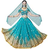 ELLYDOOR Princess Jasmine Costumes for Women Adult Aladdin Dress UP Halloween Cosplay Belly Dance Outfit