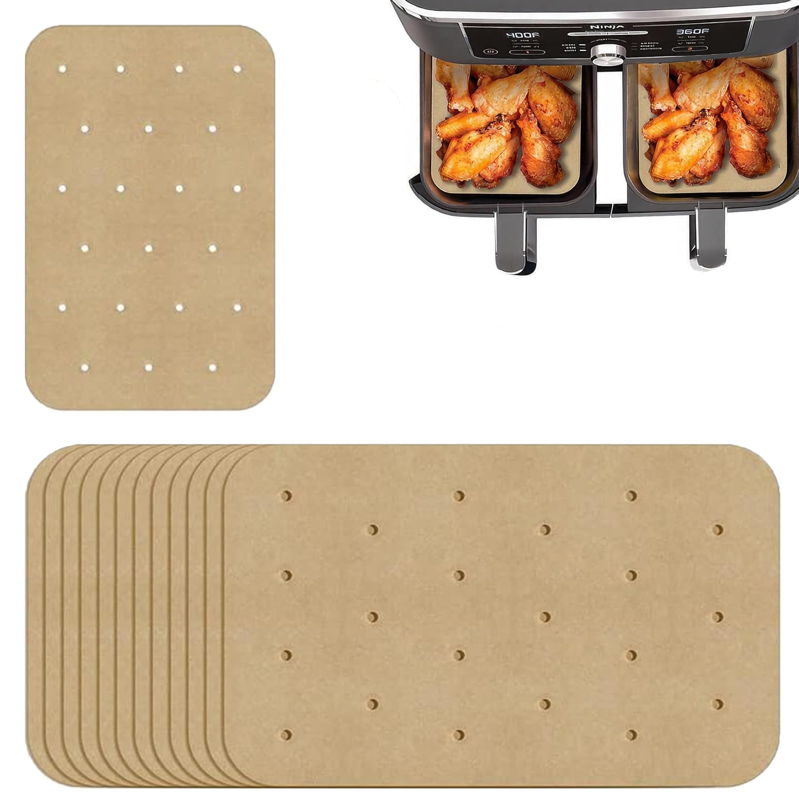 Air Fryer Paper Liners, Non-Stick Perforated Baking Liners Disposable, Rectangle Cooking Unbleached Dual Parchment Papers Compatible with Ninja AF400UK AF300UK Tower Salter (200 PCS)