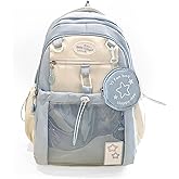 UINSUE Kawaii Backpack Double Shoulder Bag with Cute Star Removable Pouch Clear Pocket Large Capacity Dopamine Colors Daypack (Clear Blue)