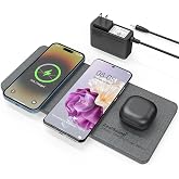 ZealSound Wireless Charging Pad, 3 in 1 Charger Mat for iPhone, Samsung Galaxy, Pixel, AirPods &amp; Galaxy Buds, 24W Adapter Included, Ultra Slim, Case Friendly, PU Leather, Home Office &amp; Travel, Gray