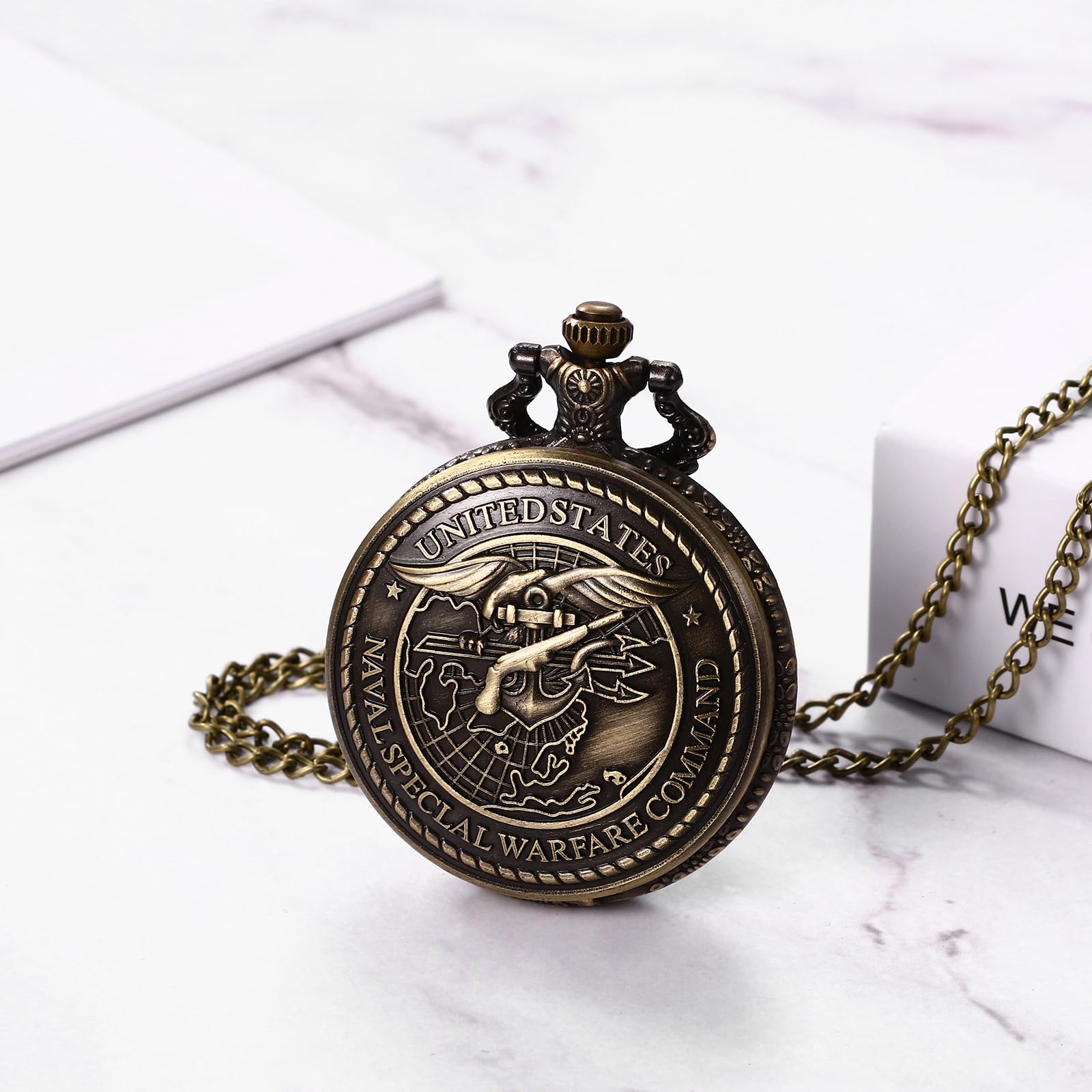 JewelryWe Bronze Retro Pocket Watch Men's United States Marine Corps Veterans Quartz Watch
