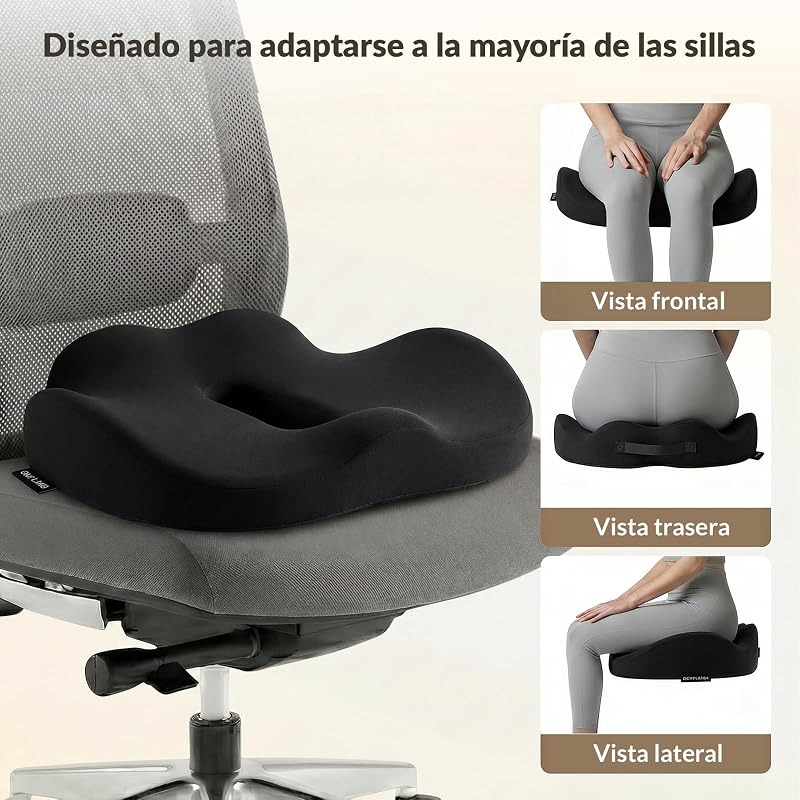 Almofada de cadeira de escritório, almofada ergonómica de espuma viscoelástica para o cóccix, almofada ideal para cadeira de computador, jogos e carro, capa lavável, preta, 44×37x10,5 cm — foto 2 de 8