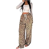 MakeMeChic Women's Cheetah Print Pants Fuzzy Pajama Bottoms Drawstring Waist Lounge Pants Sleepwear
