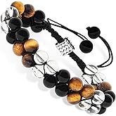 Triple Protection Bracelet- Tiger's Eye, Black Obsidian & Quartz Crystal, 8mm Handmade Healing Crystal Bead Bracelets for Luck, Prosperity, Protection & Balance, Gift for Men & Women