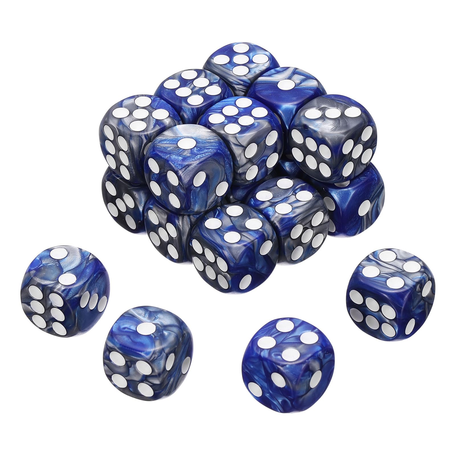 sourcing map 20Pcs 6 Sided Colored Standard Dice, 16mm Acrylic D6 Mini Polyhedral Pearl Pattern Two Tone Colors Game Dice Set for Table Games, Blue/Silver, White Point