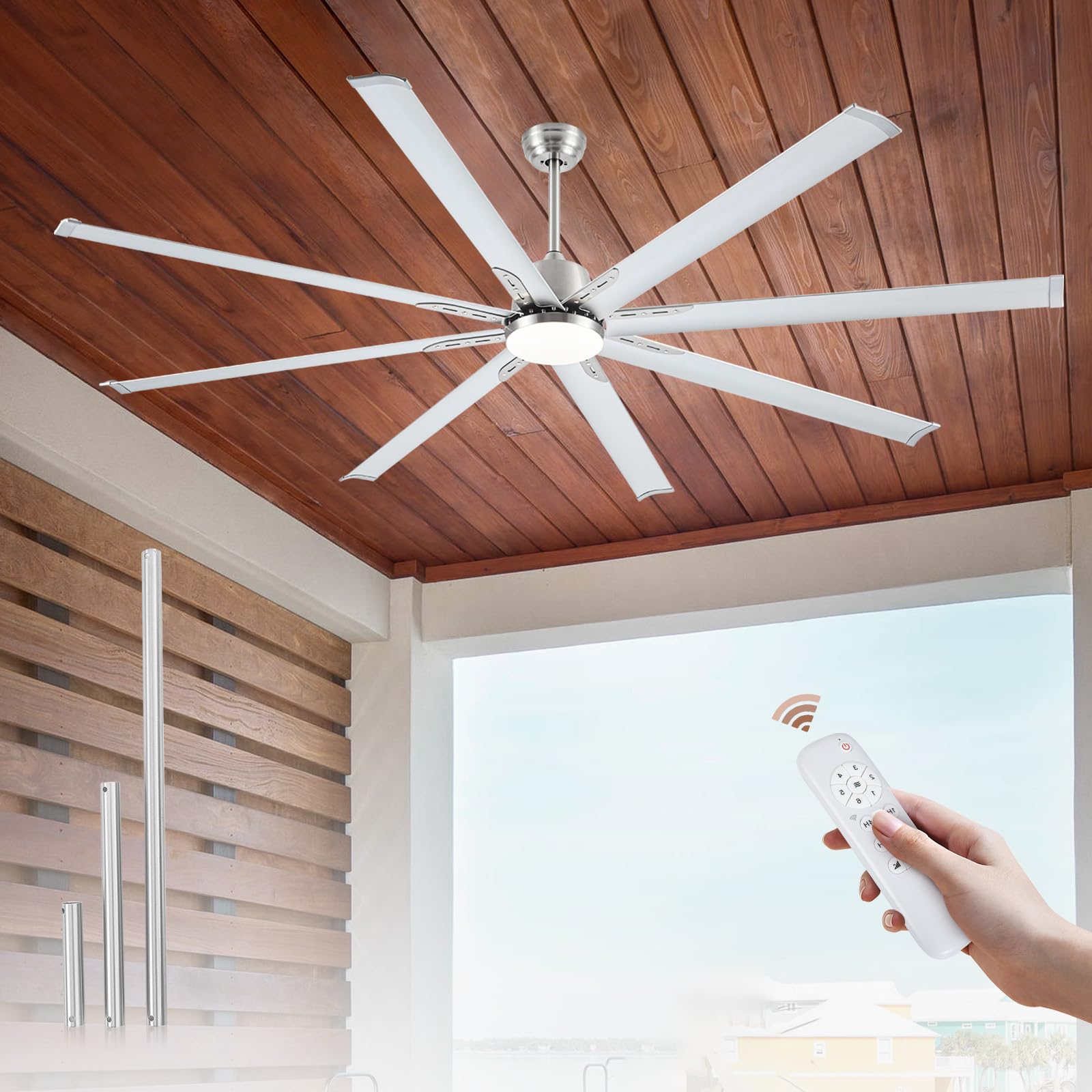 Photo 1 of ***PARTS ONLY***84 lnch lndustrial Celing Fan with Light and Remote Control,Large Celing Fan with 8 Brushed Nickel Aluminum Blades,6 Speed Noiseless DC Motor,Wet Rated Indoor Outdoor Ceiling Fans for Patio,Garage.