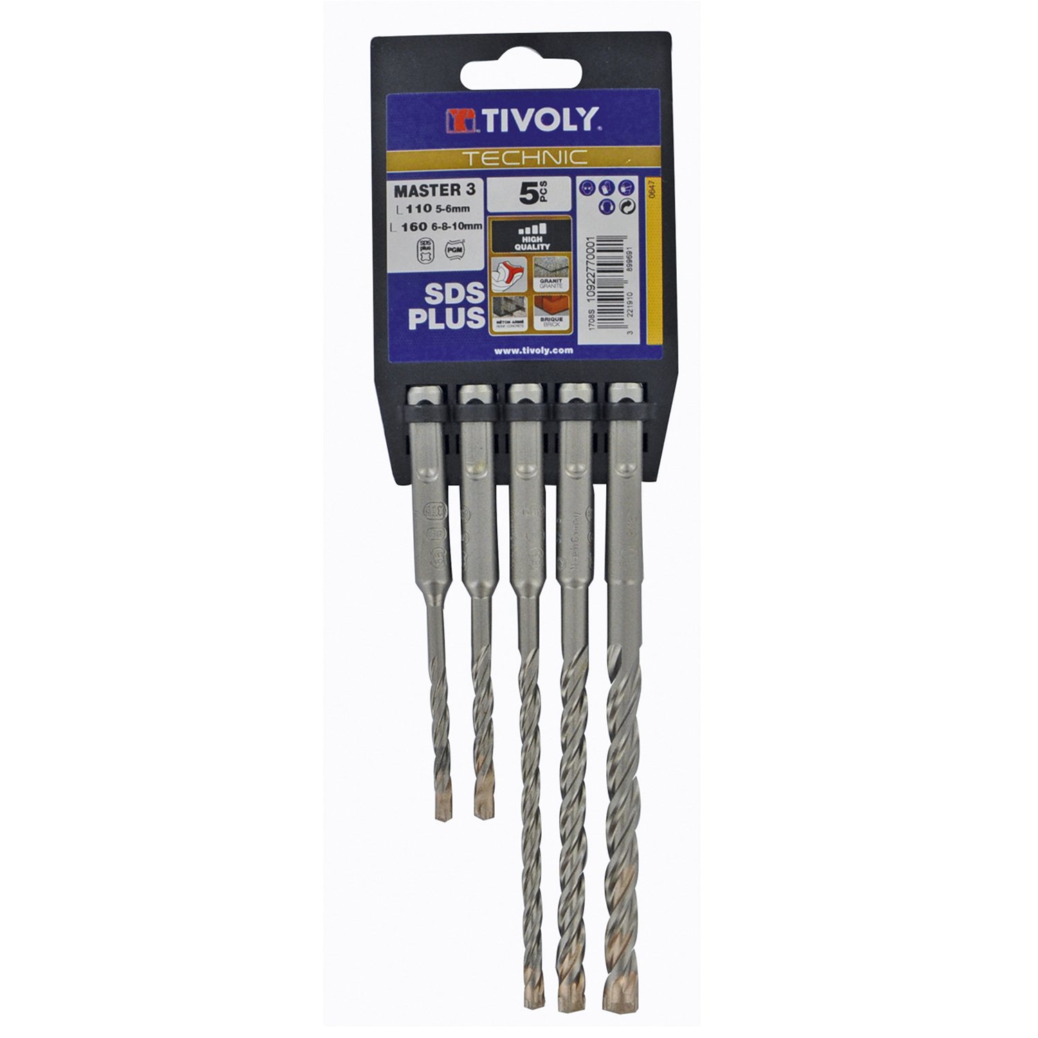 Tivoly 10922770001 – Pack of 5 Drill Bits SDS + 4 Cutting (Diameter 5, 6 x 110 mm + 6, 8, 10 x 160 mm)