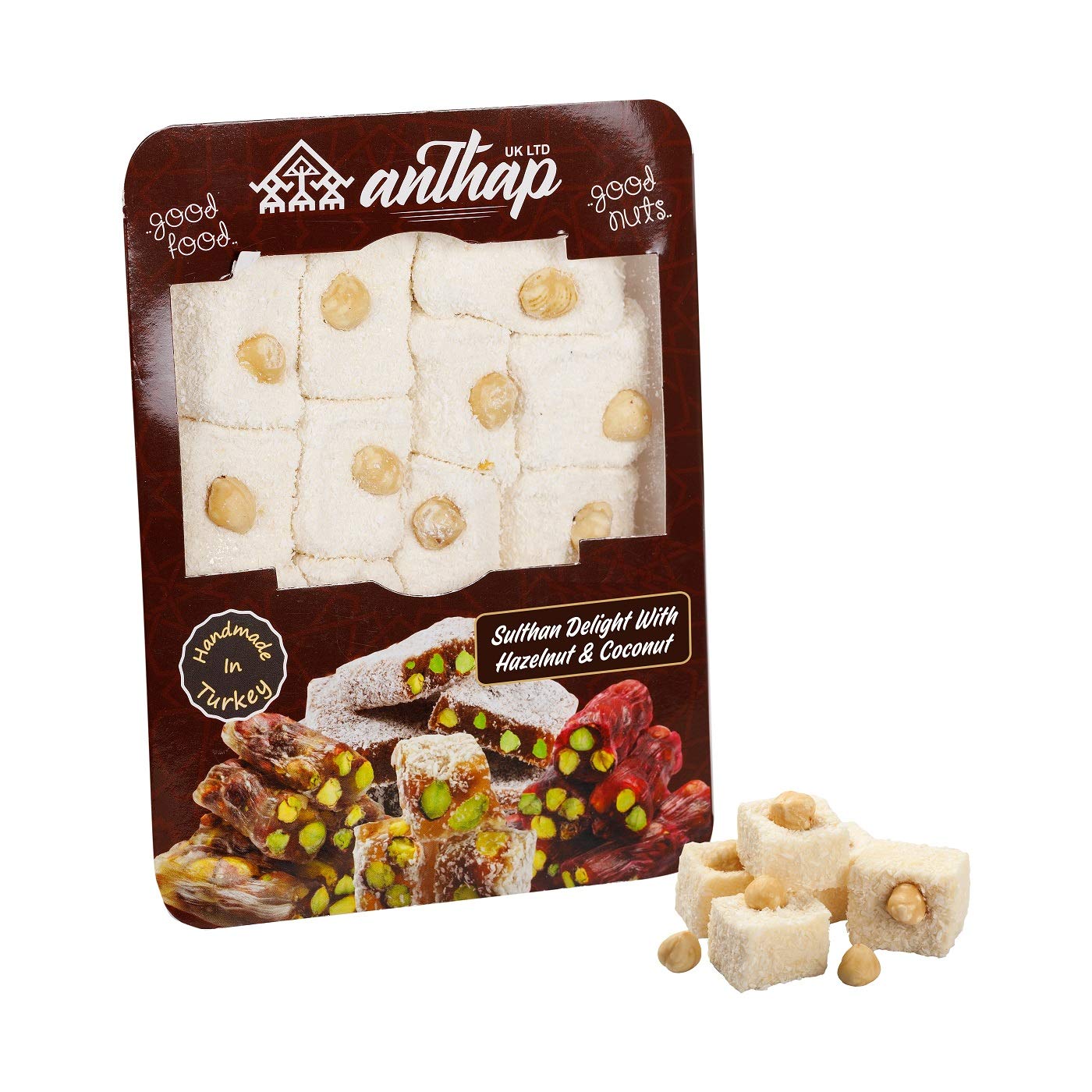 AnthapSultan Delight With Hazelnut And Coconut, Traditional Sultan Delight, Rich Hazelnut & Coconut Coating, No Glucose, Ideal with Coffee or Tea, Soft & Chewy Texture, 300g