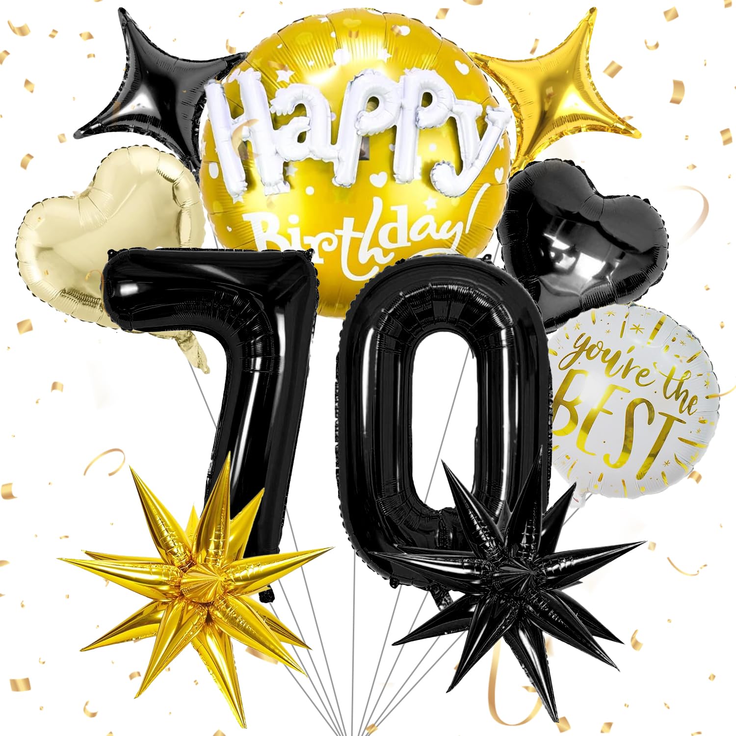 Photo 1 of ALUNME 70th Birthday decorations, Black Gold 70th Birthday Decorations Women Men,40 Inch Number 70 Balloon, Black Gold Spike Balloon and Heart Star Foil Balloons