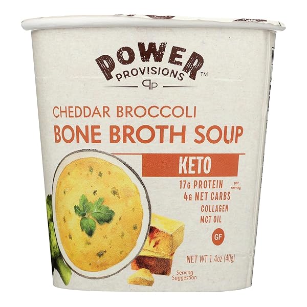 POWER PROVISIONS CHEDDAR BROCCOLI BONE BROTH SOUP CUPS – KETO INSTANT SOUP CUP – COLLAGEN INFUSED WITH 17G OF PROTEIN – GLUTEN-FREE SOUP – 1.2 OZ. – PACK OF 1