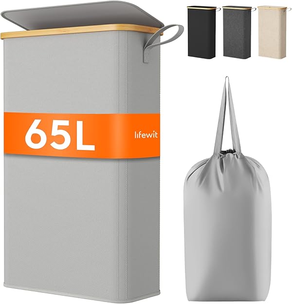 Lifewit 65L Wäschekorb Schmal mit Deckel, Faltbarer Wäschesammler Schmal mit Wäschesack, Laundry Basket Wäscheboxen aus Bambus mit Tragegriff für Apartment, Wohnheim und Wohnwagen, Silbergrau