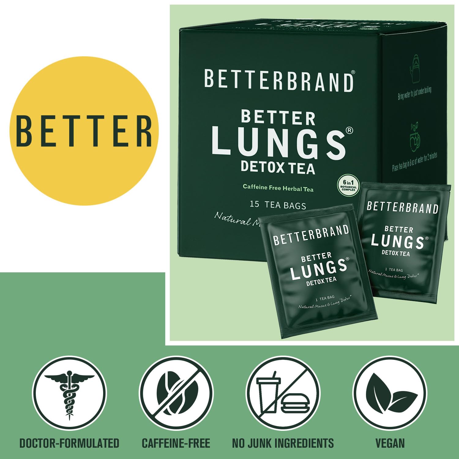 Betterbrand Mullein Tea Bags for Lungs - Herbal Tea | for Respiratory Support | Caffeine-Free | Loose Leaf Blend | with Mullein Leaf Extract | 15 Bags | for Lung Health and Wellness