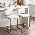 Zesthouse Mid Century Modern Counter Height Stools Set of 2, 26'' Upholstered Boucle Fabric Counter Barstools with Channel Tufting for Kitchen Island, Armless Bar Chairs with Backs & Gold Base, White