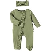 Ayalinggo Newborn Baby Romper Infant Girl One-piece Outfit Waffle Ruffle Zip Footie Spring Summer Clothes With Bow Headband