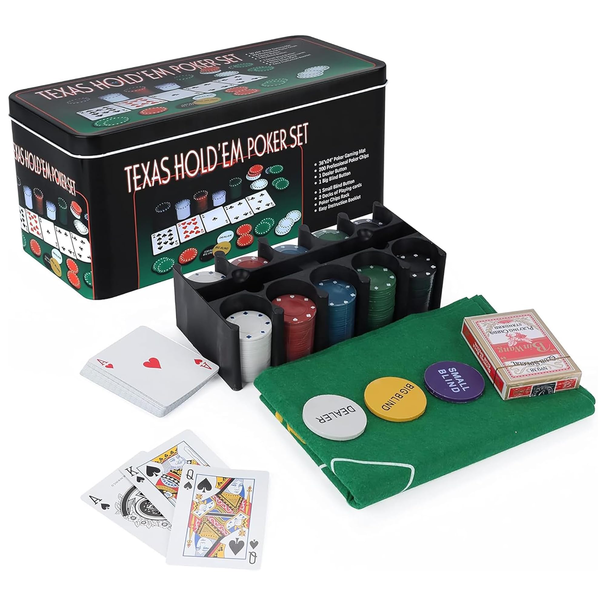 EVOKK 200-Piece Poker Set with Texas Hold'em and Blackjack Games: Includes Poker Chips, Mat, Tin Box, Casino Chips, Gambling Cards