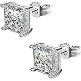 TATCAI 18K White Gold Plated Sterling Silver Princess Cut Square Cubic Zirconia Stud Earrings for Women Men Clear CZ Diamond Stud Earrings