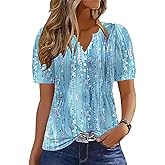 ETCYY Womens Shirts Dressy Casual Short Sleeve 2026 Summer Tops Spring V Neck Button Down Pleated Ladies Tunic Blouses