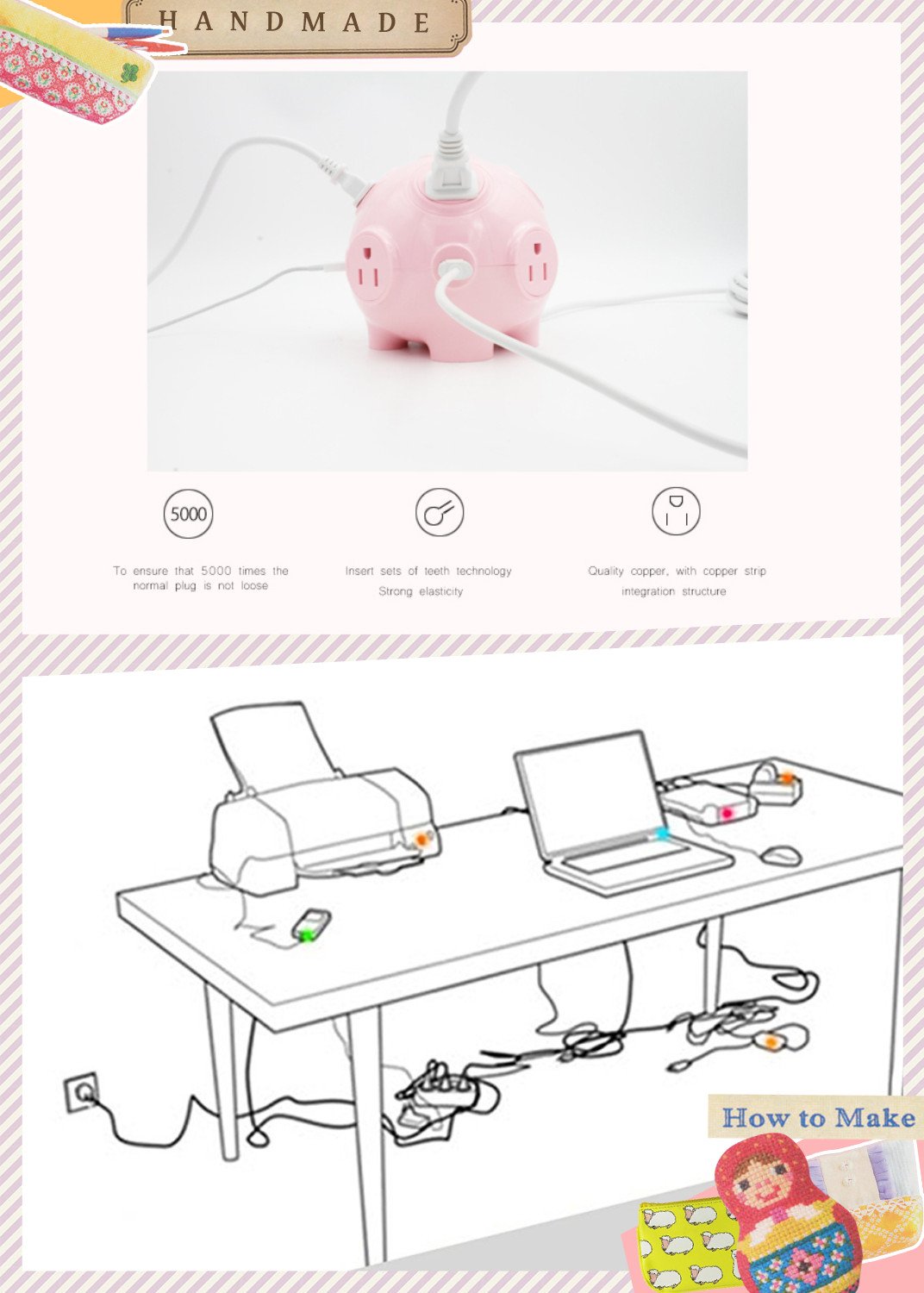 KuDiff Cool USB Charging Station with Power Strip 4 USB 8 AC Outlets and 10 Ft Cable 2000W High Power Cute Pig Toy 3D Cube Housing Fireproof Smart Charging for Home Use Gift Choice for Lady and Kids