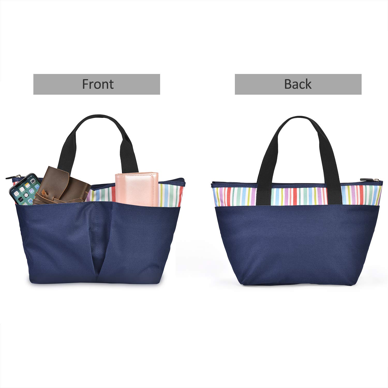 LEADO Insulated Lunch Box, Lunch Cooler Bag for Women Girls Reusable Large Capacity Lunch Tote Organizer Bag Handbag Meal Prep Thermal Bag, Striped Navy Blue