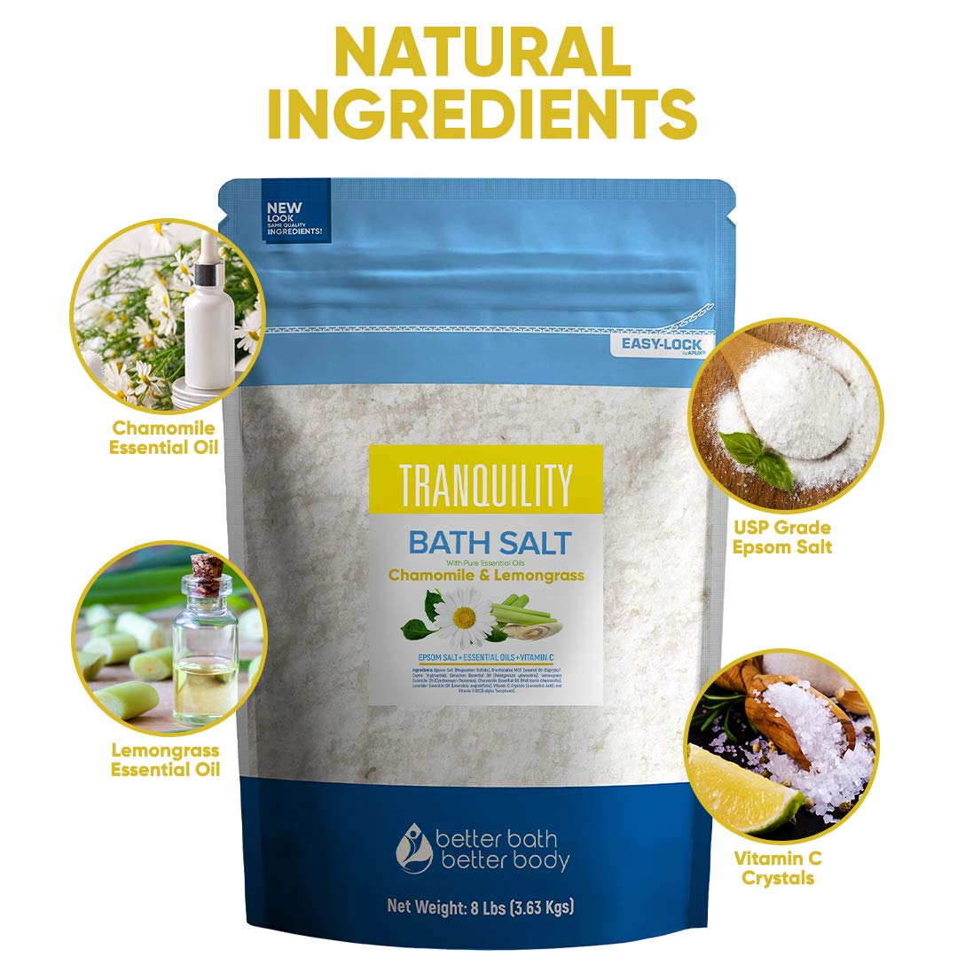Tranquility Bath Salt 128 Ounces Epsom Salt with Natural Geranium, Chamomile, Lavender and Lemongrass Essential Oils Plus Vitamin C in BPA Free Pouch with Easy Press-Lock Seal: Health & Personal Care