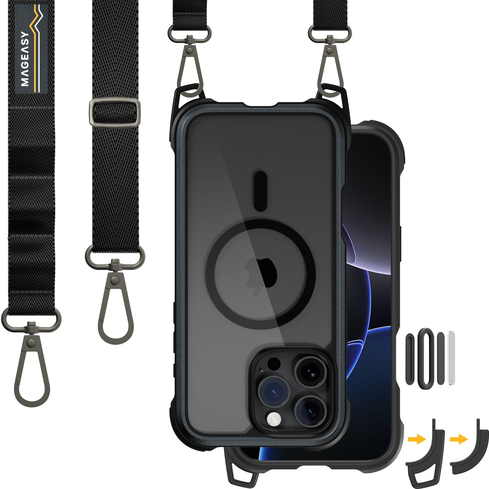 Photo 1 of MAGEASY Designed for iPhone 16 Pro Max Case with Strap - [Camera Control Button Coverage] 20ft Ultimate Drop Protection Compatible with MagSafe, Aluminum Frame | Odyssey Strap M (Metal Black)