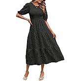MEROKEETY Women's 2025 Summer Puff Sleeve Smocked Floral Dress Crewneck Lace Flowy Tiered Midi Dresses
