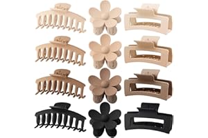 JANFUN 12 Pack Large Hair Claw Clips 4.3 Inch Rectangle Hair Claw Clips Flower Hair Clips for Women Thick Hair, Matte Hair Clip Banana Claws Clips Strong Hold jaw clips, 3 Styles Claw Clips Neutral Colors