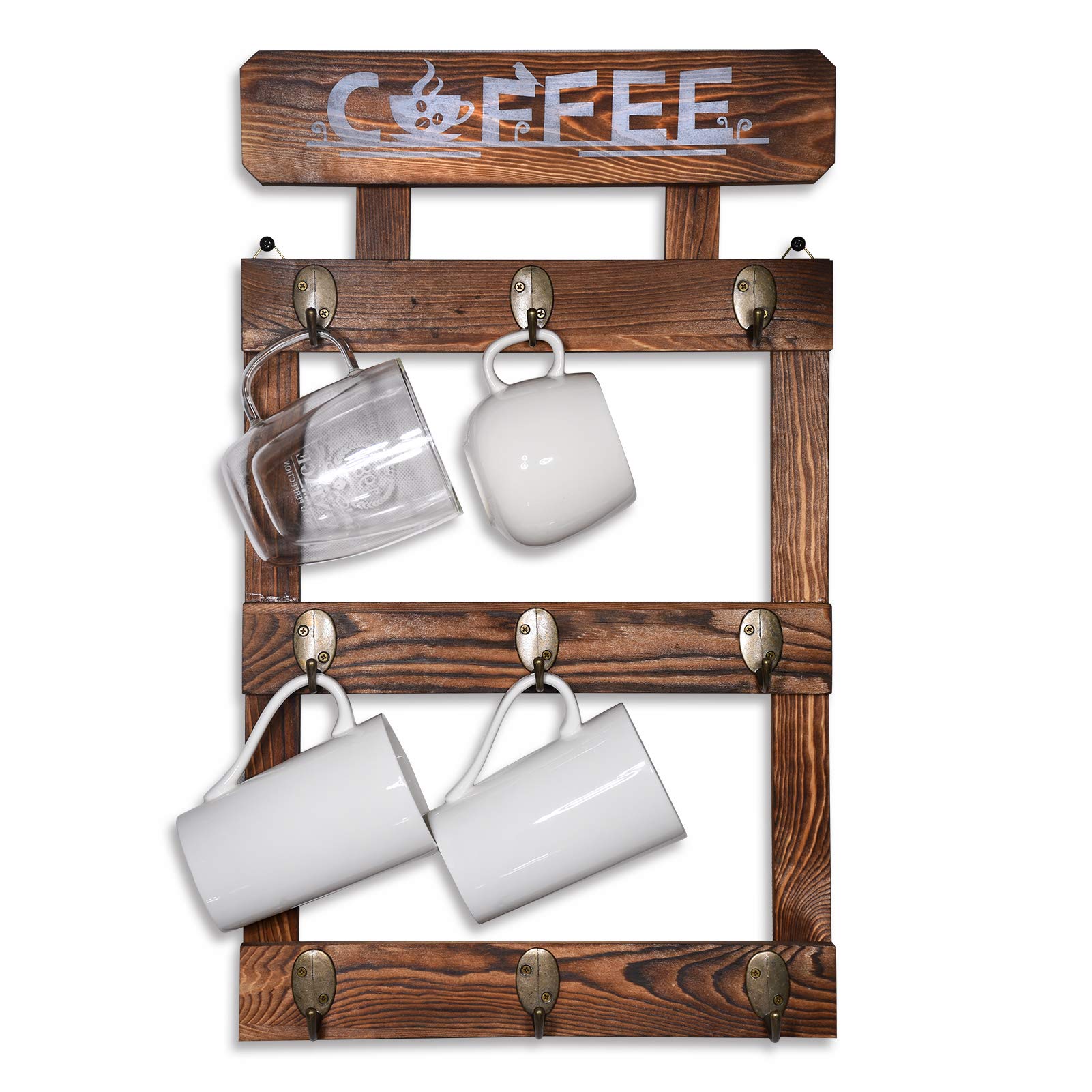 Triwol Coffee Mug Holder with 9 Mug Hooks, Rustic Coffee Mug Rack Wall Mounted, Coffee Cup Hangers with Coffee Sign for Kitchen Mug Storage Organizer, Coffee Nook Decor, Carbonized Black