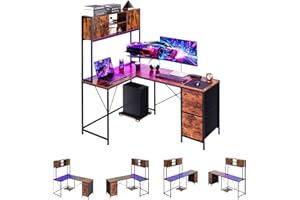 VEVOR L-Shaped Gaming Desk with LED Lights, 62.2-inch Reversible Corner Computer Desk with Power Outlets, Movable CPU Stand &