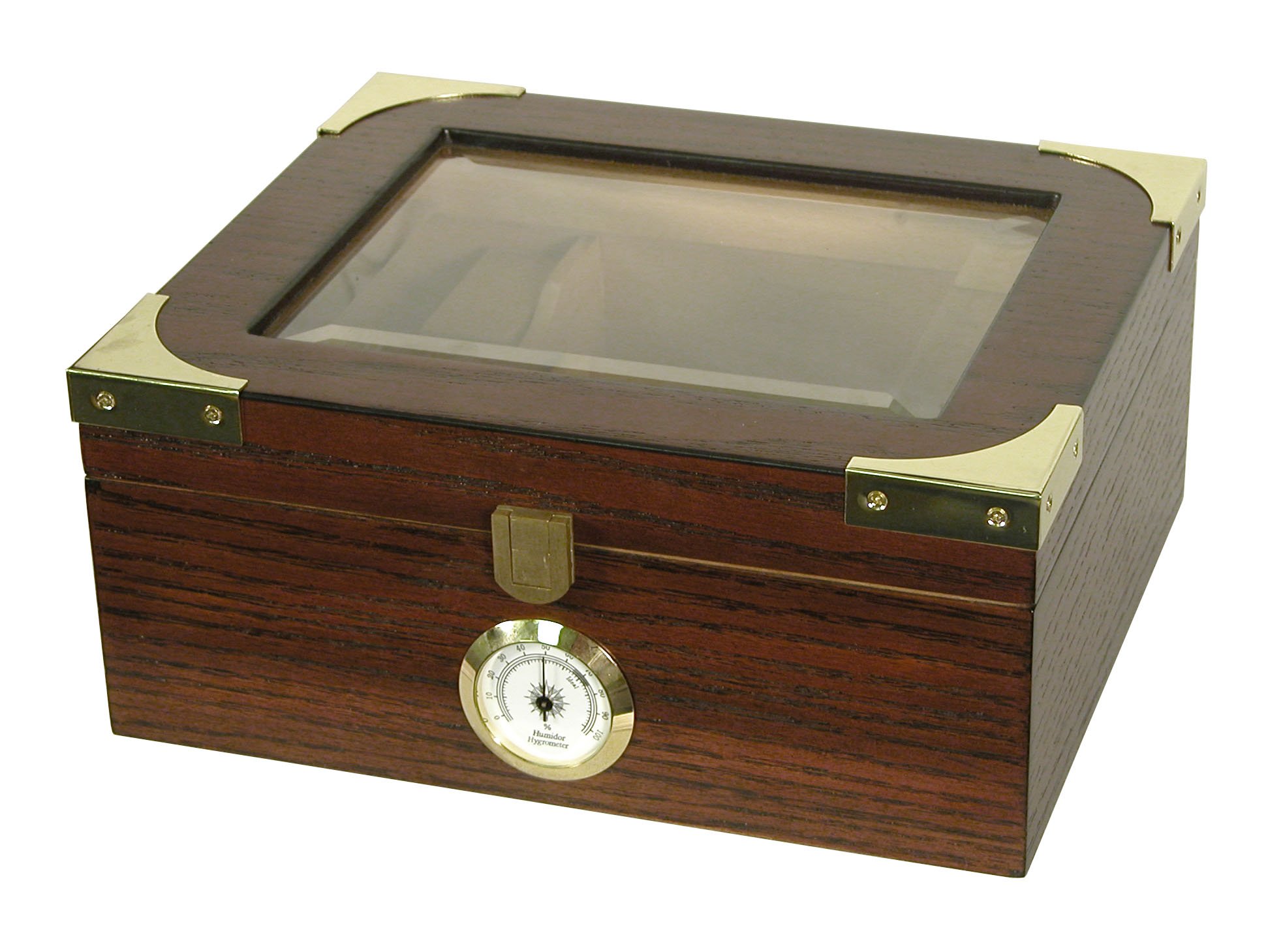 Quality Importers Desktop Humidor, Capri Elegant, Tempered Glasstop, Cedar Spanish Divider, Brass Ring Glass Hygrometer, Holds 25 to 50 Cigars, by Quality Importers