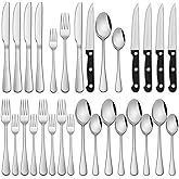 24 PCs Silverware Set Service for 4, Kitchen And Dining Eating Utensils Set | Food-grade Stainless Steel; With Steak Knives; Mirror Finishing; Dishwasher Safe; Includes Knife Spoon And Fork