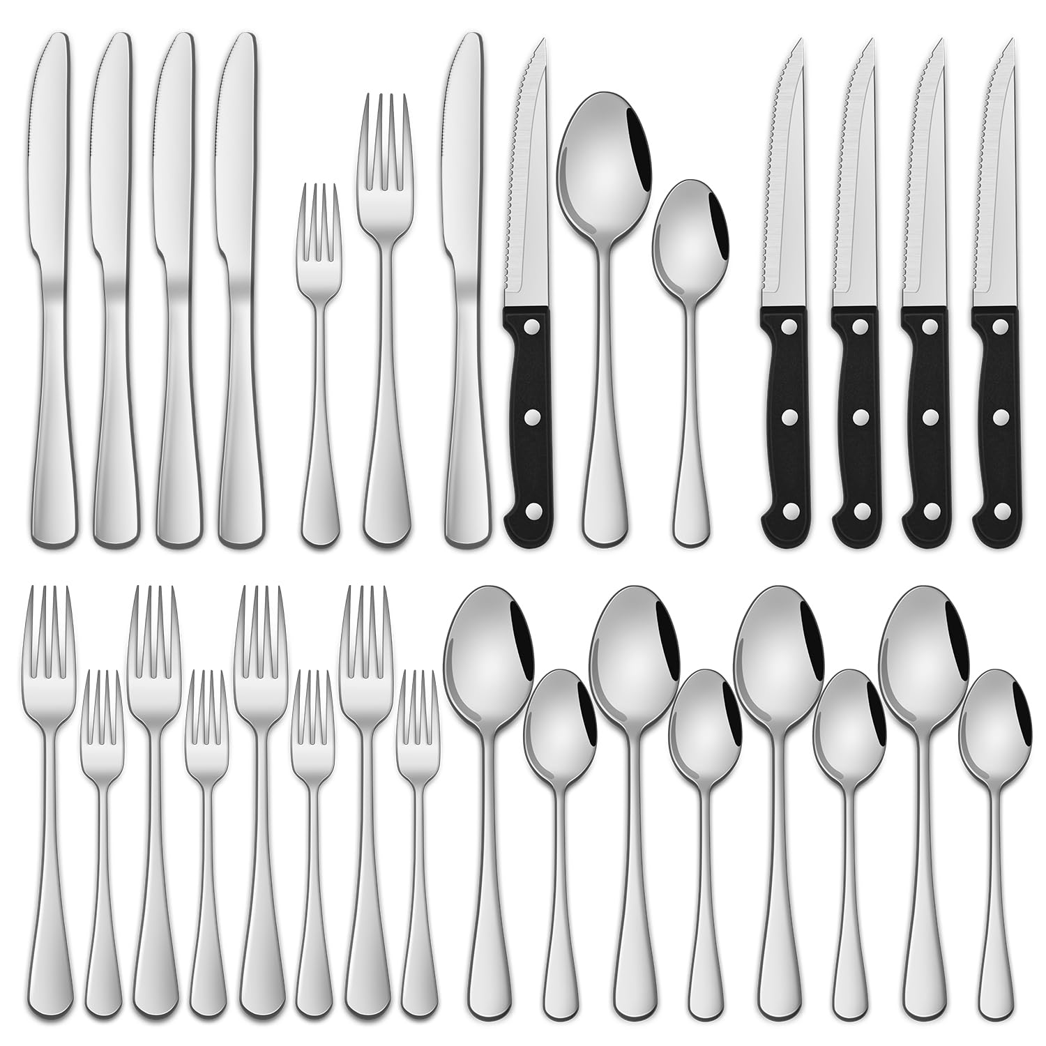 Photo 1 of 24-Piece Silverware Set with Steak Knives,Flatware Set Service for 4 Person, Food-Grade Stainless Steel Tableware Cutlery Set, Mirror Finished Utensil Sets for Home Restaurant