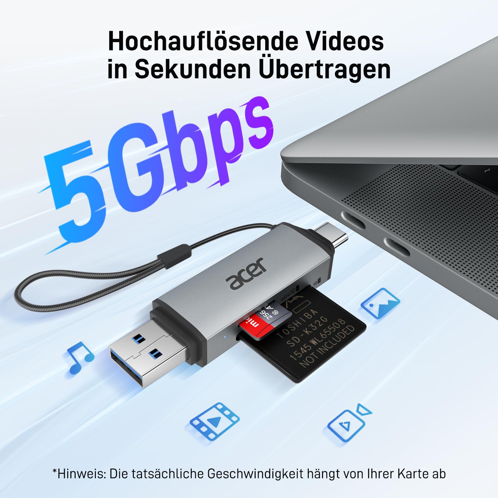 acer SD Kartenleser, Dual USB 3.0 USB C Stecker Kartenlesegerät, Aluminium OTG Adapter SD Card Reader Speicherkartenleser für SD/Micro SD/TF/SDHC/SDXC, iPhone 17 16 15 Serie, Android/Windows/macOS. 2