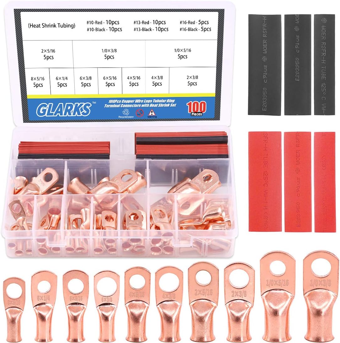 Glarks 100Pcs Copper Wire Lugs with Heat Shrink Set