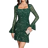 Meetjen Women's Sparkly Ruched Bodycon Mini Dress Sexy Sheer Mesh Bell Long Sleeve Square Neck Short Club Party Dresses