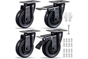 VM VIMA 4 Inch Caster Wheels Set of 4 Black Elastic Rubber Wheel castors Industrial Silent Swivel Casters with Brake Perfect for Carts Furniture Workbenches 2200Lbs Load Capacity Includes Bolts and Nuts