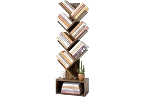 Hoctieon 6 Tier Tree Bookshelf, Tall Bookcase with Drawer, Freestanding Book Shelf, Display Floor Standing Storage Shelf, Book Organizer Shelves for Home Office, Rustic Brown