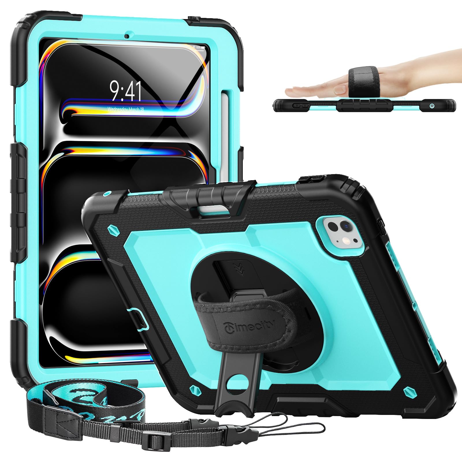 Photo 1 of timecity for iPad Pro 11 Inch M4 Case 2024 5th Gen, 360° Rotating Stand, Pencil Holder & Wireless Charging, Shockproof with Screen Protector & Shoulder Strap - for Designers & Professionals, Blue