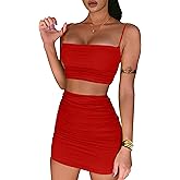 BEAGIMEG Women's Ruched Cami Crop Top Bodycon Skirt 2 Piece Outfits Dress