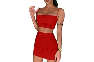BEAGIMEG Women's Ruched Cami Crop Top Bodycon Skirt 2 Piece Outfits Dress
