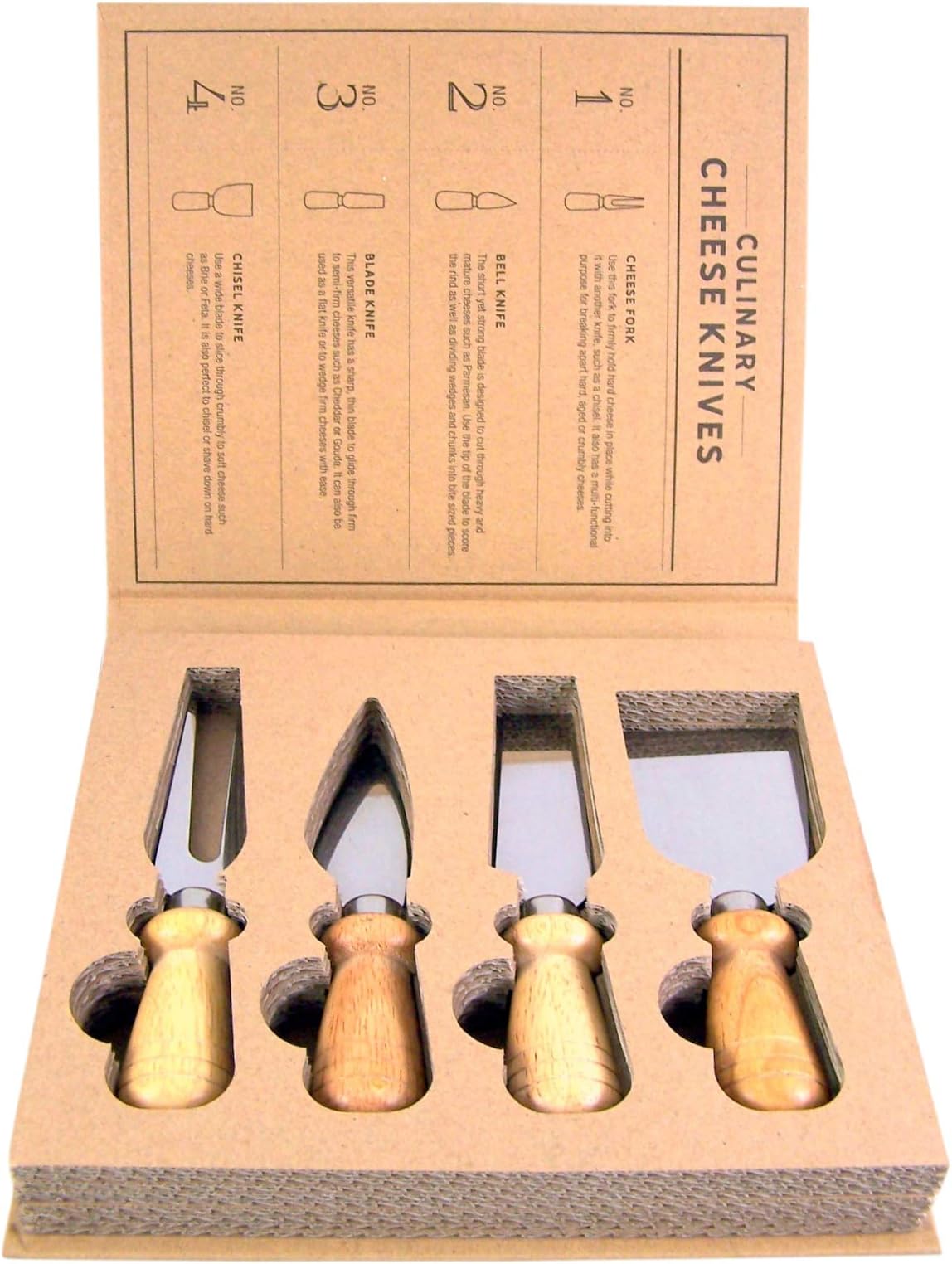 Culinary Cheese Knife Set in Rustic Cardboard Gift Box, 4 Knives